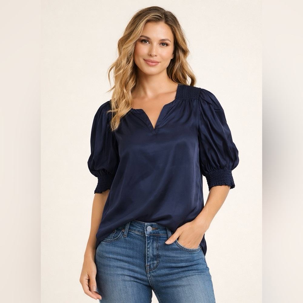 NWT - Hale Bob Navy Silk Smocked Puff Sleeve Blouse Size M